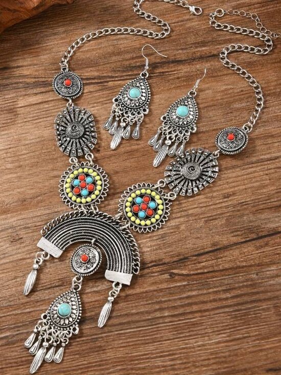 060 Bohemian Style Colorful Drop Necklace Set - Picture 1 of 1